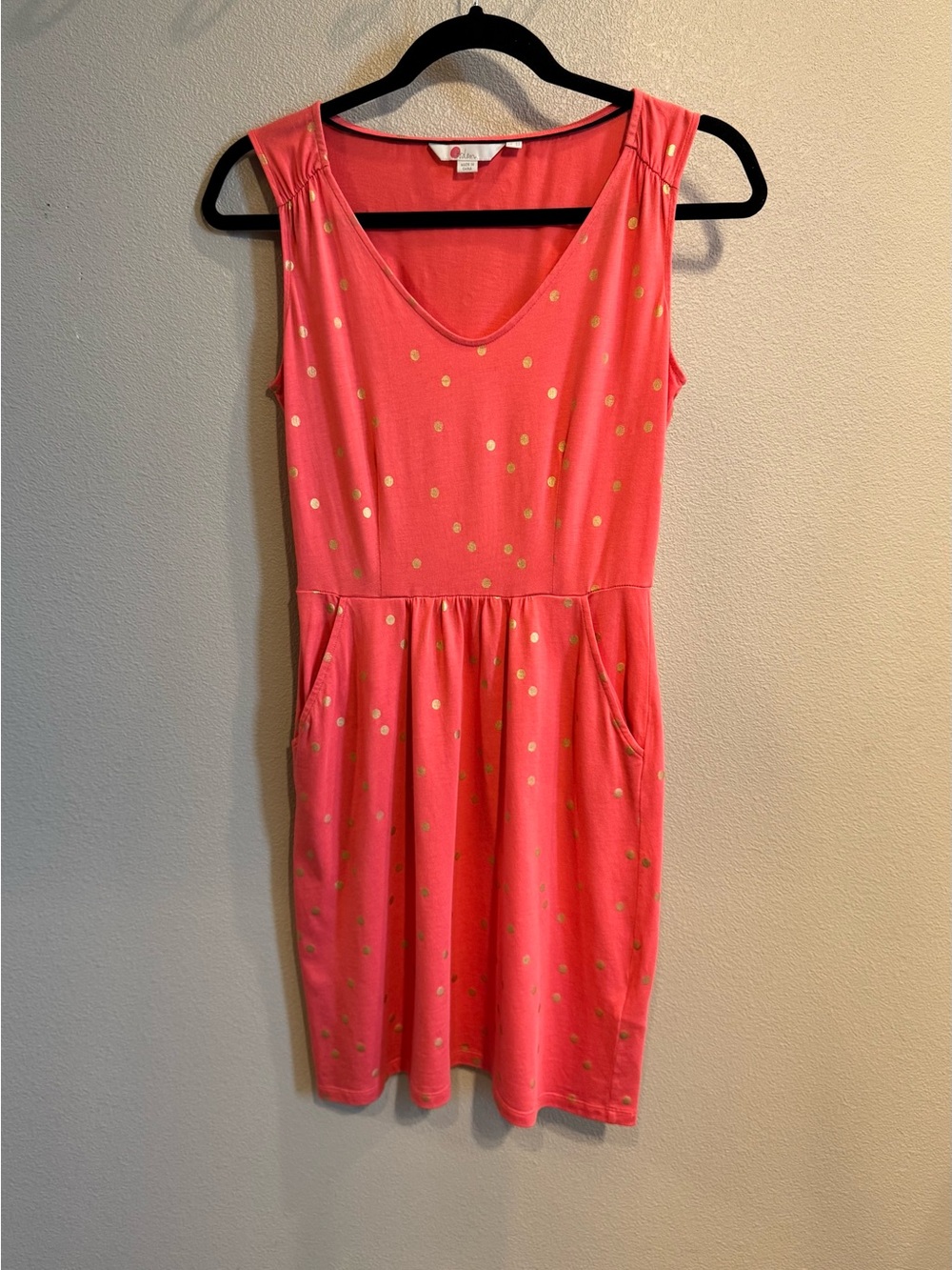 Boden Coral Pink Sleeveless Midi Dress with Gold Polka Dots